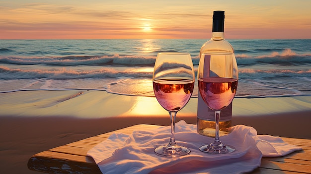 glasses of white wine and a beautiful sunset on the beach