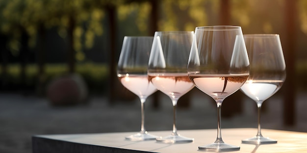 Glasses of white wine on the table outdoors on blured natural background AI generated