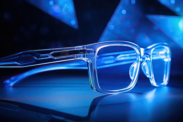 Glasses with blue light coating on the table on a dark background eye protection from fatigue generative AI