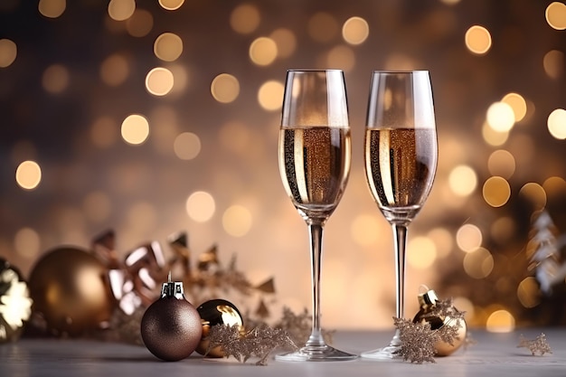 Glasses with champagne and golden Christmas balls against holiday lights New Year background Two glasses of champagne on a table in front of blured shiny lights New Year celebration Generative AI