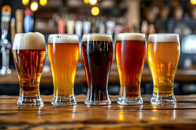 Glasses with different sorts of craft beer on wooden bar Tap beer in pint glasses arranged in a row