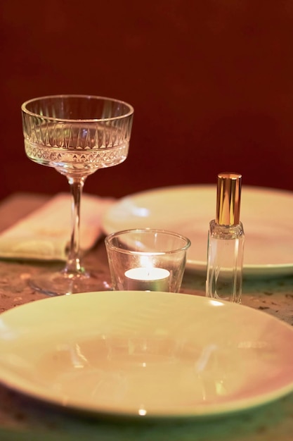 Glasses with drinks in a dimly lit restaurant