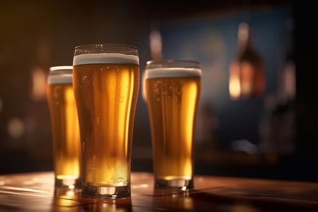 Glasses with light beer on the bar counter