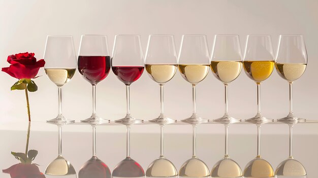 Glasses with red rose and white wine standing in a line against white background wit Generative AI