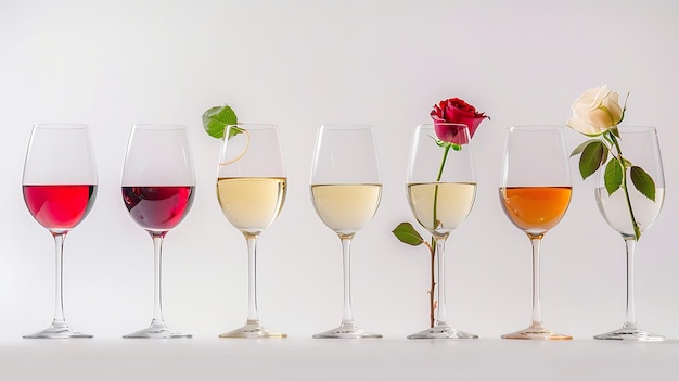 Glasses with red rose and white wine standing in a line against white background wit Generative AI