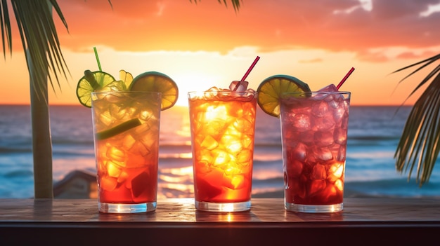 Glasses with three different cocktails on the beach