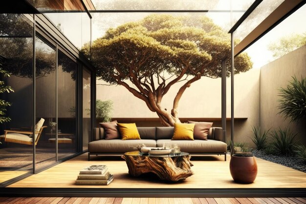 Glasswalled modern patio with wooden coffee table and large citris tree created with generative ai