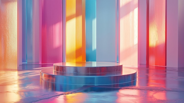 A glassy 3D podium with an art deco style placed in a vibrant colorful room filled with abstract sha