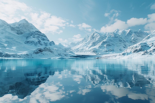 A glassy lake reflecting snowcapped mountains