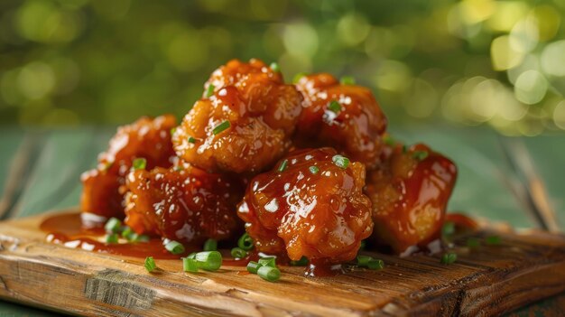 Glazed chicken bites with chopped chives on wooden board