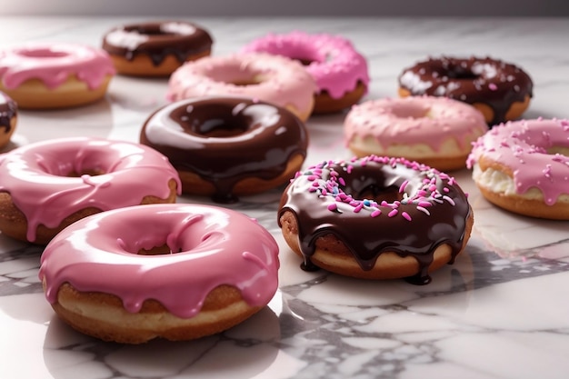 Glazed chocolate and pink donuts on marble surface