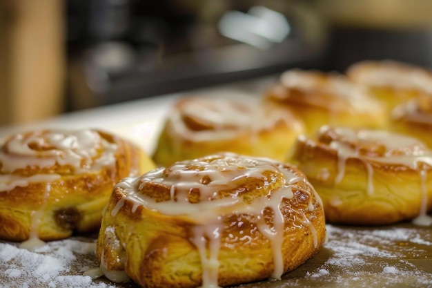 Glazed cinnamon rolls on wooden surface