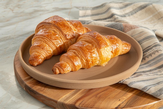 Glazed croissants on clay plate on table