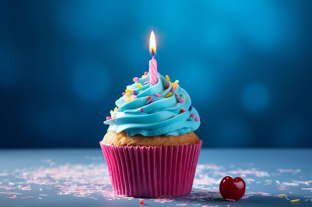 Glazed cupcake with lit candle