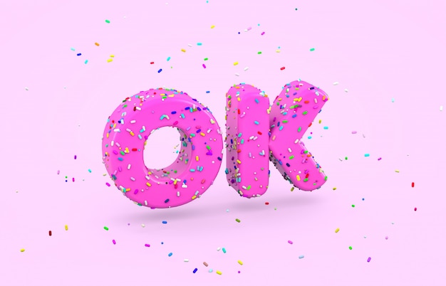 Glazed donut Font with colorful sprinkles. Abstract 3d okey word