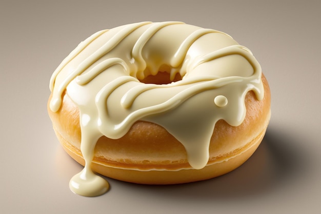 A glazed donut with icing on it and a white icing on the top.