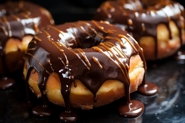 Glazed donuts with a drizzle of dark chocolate