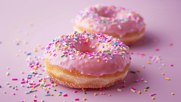 Glazed doughnuts with colorful sprinkles on a pink background delicious and vibrant embodying a sweet indulgence