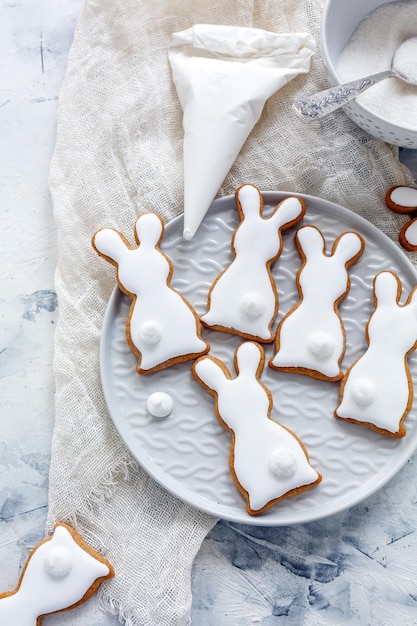 Glazed Easter cookies in the form of bunnies