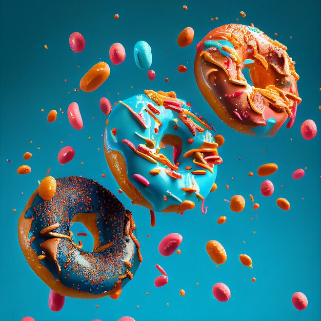 Glazed sweet realistic donut on blue background Generative AI