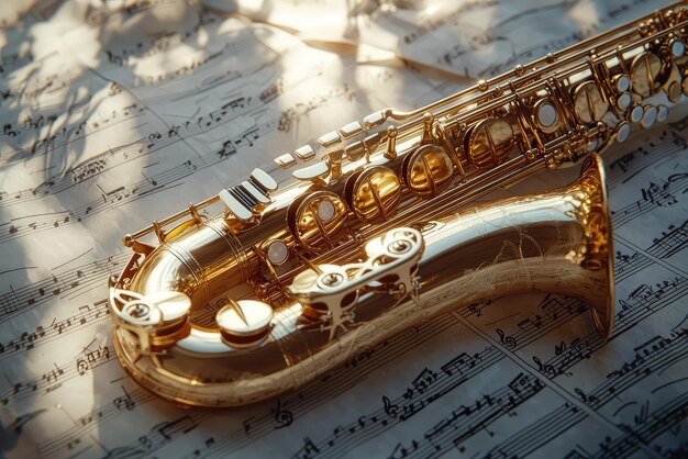 A Gleaming Alto Saxophone Dances Elegantly on the Sheet Music Capturing the Essence of Melodic Sophistication and Artistry