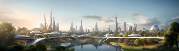 Photo gleaming futuristic utopia with soaring glass and steel towers amid pristine parks and waterways