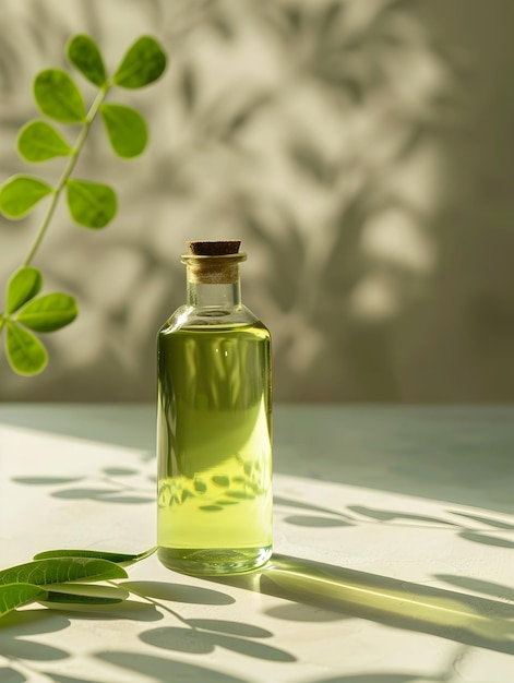 Gleaming Moringa Oil Extract in Minimalist Glass Bottle with Natural Lighting