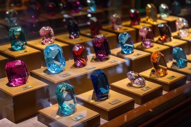 Photo gleaming multicolored gemstones on display in a glass case reflecting elegance and wealth