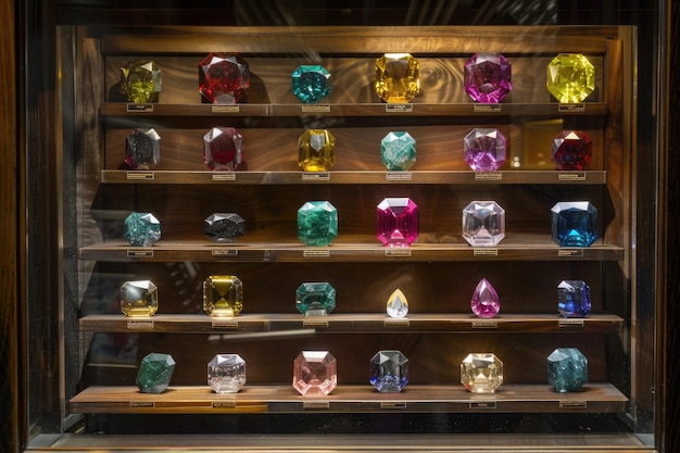 Photo gleaming multicolored gemstones on display in a glass case reflecting elegance and wealth