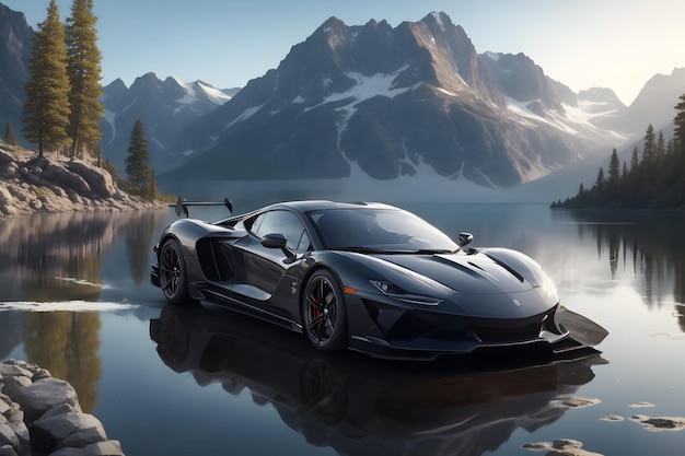 A gleaming photorealistic supercar parked in front of a majestic mountain lake generated by Ai