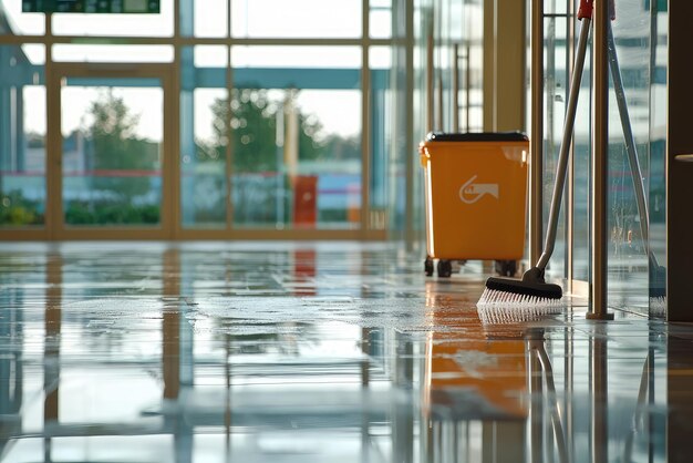 A Gleaming Reflection Cleaning Up a Wet Floor in a Modern Setting