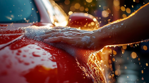 The gleaming sports car is washed by hand in a clean garage emphasizing precision and accuracy