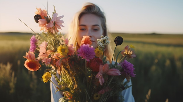 A gleeful closeup of a young lady exuberantly clutching a vivid bunch of wildflowers in a sundrenched meadow