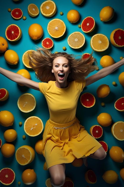 Gleeful Young Female Surrounded by a Lemon Fresh Fall