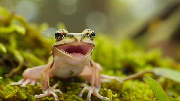 Gliding frog look like laughing on moss Flying frog laughing Generative Ai