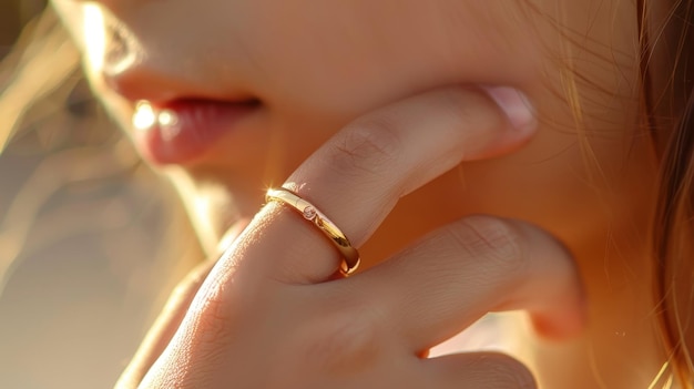 Glimmering gold ring on the hand of a young girl shining brightly in the sunlight