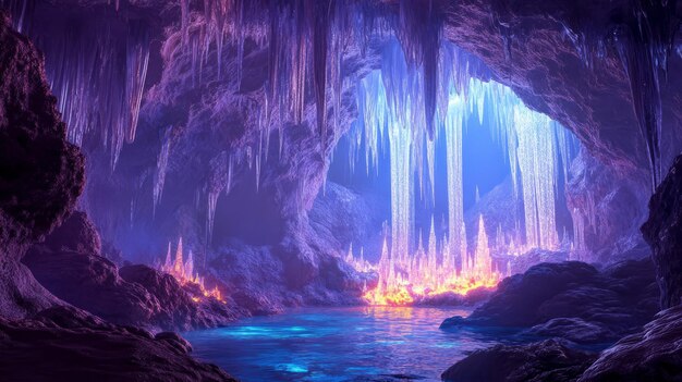 Photo glimmering grotto crystal cave with glowing stalactites and stalagmites