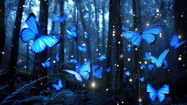 Glimmering Grove Magic Forest Aglow with Blue Butterflies and Light Beams Generative Ai