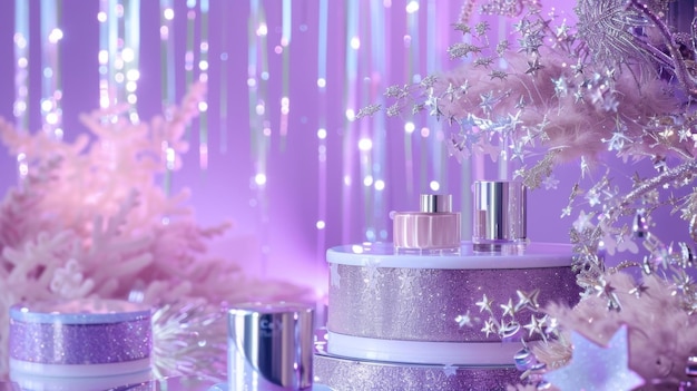 A glimmering lilac backdrop accented with shimmery silver stars sets the stage for this