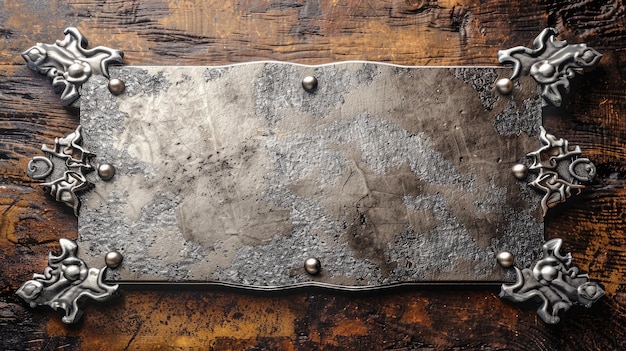 Photo glimmering metal plate resting on rustic wooden surface