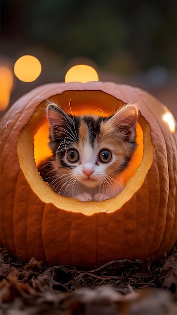 Glimmering Paws Kitten in a Pumpkin Glow