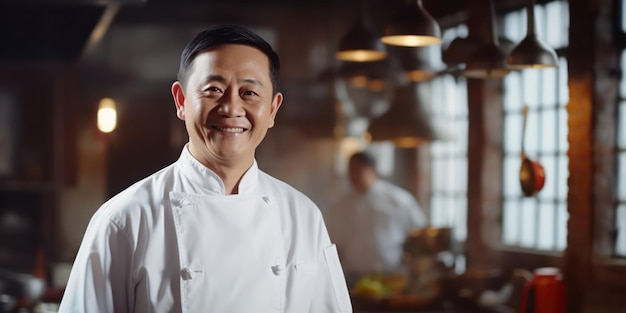 A glimpse of culinary delight in the smile of a talented Asian male chef