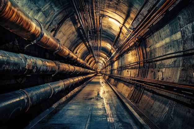 Photo a glimpse into the depths an eerie underground tunnel lined with pipes and bathed in a dim golden light