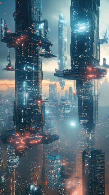 Photo a glimpse into the future towers of light platforms in the sky