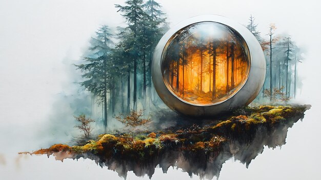 Photo a glimpse into a mystical forest through a spherical window