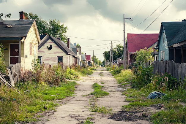 A Glimpse into the Past A Crumbling Street Lined with Derelict Homes Whispering Stories of Bygone Days