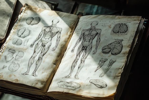 Photo a glimpse into the past a renaissance artists anatomical sketchbook filled with intricate drawings of the human form