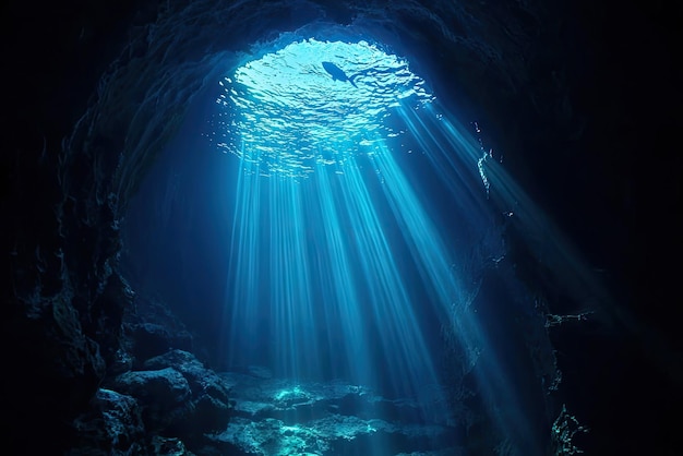 A Glimpse of Light Sunbeams Pierce the Darkness of an Underwater Cave Illuminating the Mysterious Depths