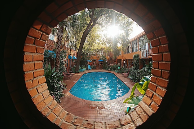 A Glimpse of a Secluded Courtyard Pool Through a Brick Archway