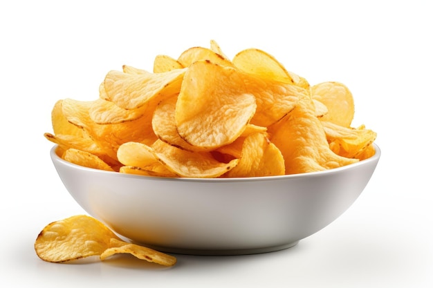 A Glimpse of Sunshine White Bowl Overflowing With Golden Potato Chips White or PNG Transparent Background